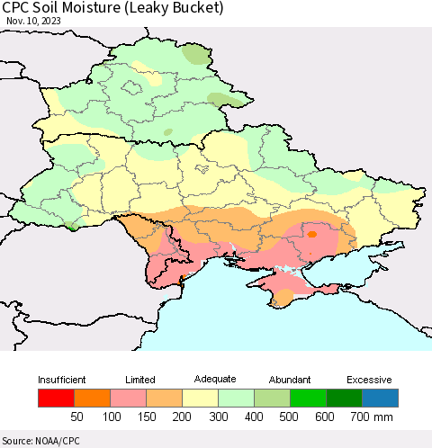 Ukraine, Moldova and Belarus CPC Soil Moisture (Leaky Bucket) Thematic Map For 11/6/2023 - 11/10/2023