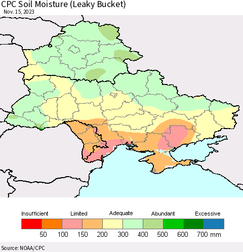 Ukraine, Moldova and Belarus CPC Soil Moisture (Leaky Bucket) Thematic Map For 11/11/2023 - 11/15/2023