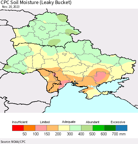 Ukraine, Moldova and Belarus CPC Soil Moisture (Leaky Bucket) Thematic Map For 11/16/2023 - 11/20/2023