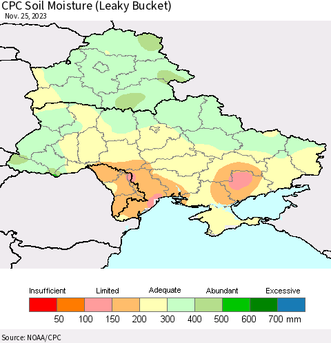 Ukraine, Moldova and Belarus CPC Soil Moisture (Leaky Bucket) Thematic Map For 11/21/2023 - 11/25/2023