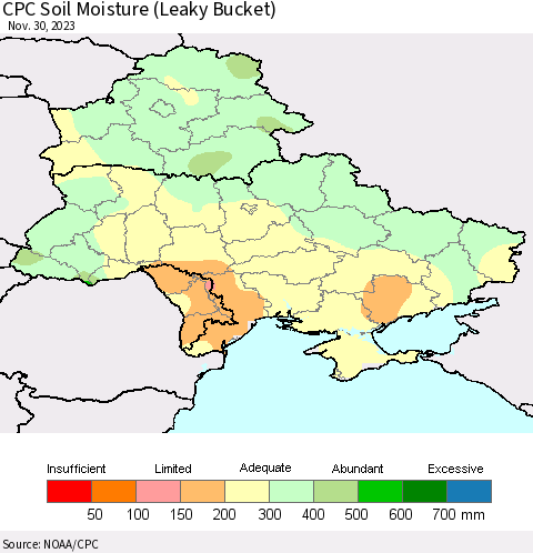 Ukraine, Moldova and Belarus CPC Soil Moisture (Leaky Bucket) Thematic Map For 11/26/2023 - 11/30/2023