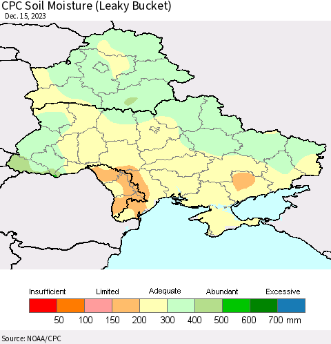 Ukraine, Moldova and Belarus CPC Soil Moisture (Leaky Bucket) Thematic Map For 12/11/2023 - 12/15/2023