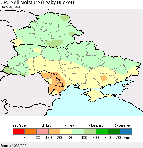 Ukraine, Moldova and Belarus CPC Soil Moisture (Leaky Bucket) Thematic Map For 12/16/2023 - 12/20/2023