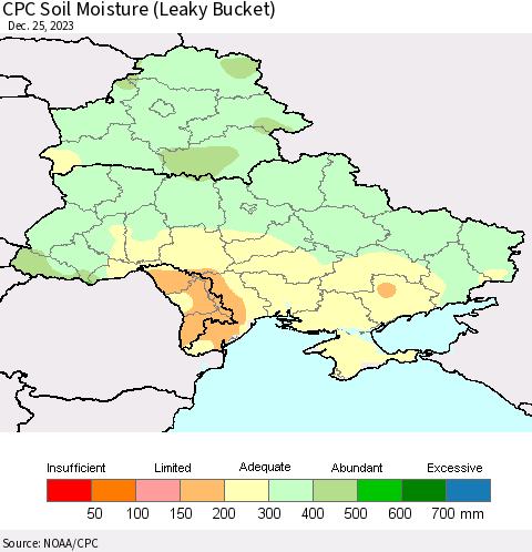 Ukraine, Moldova and Belarus CPC Soil Moisture (Leaky Bucket) Thematic Map For 12/21/2023 - 12/25/2023