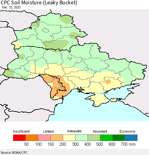 Ukraine, Moldova and Belarus CPC Soil Moisture (Leaky Bucket) Thematic Map For 12/26/2023 - 12/31/2023