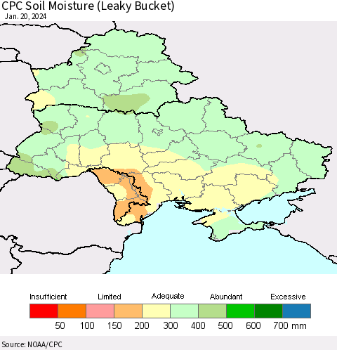Ukraine, Moldova and Belarus CPC Soil Moisture (Leaky Bucket) Thematic Map For 1/16/2024 - 1/20/2024