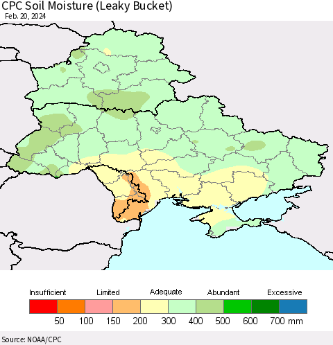 Ukraine, Moldova and Belarus CPC Soil Moisture (Leaky Bucket) Thematic Map For 2/16/2024 - 2/20/2024