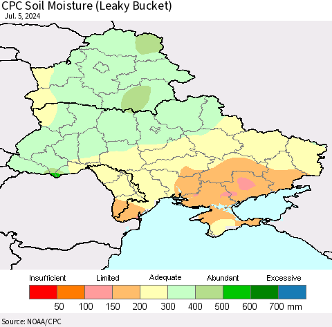 Ukraine, Moldova and Belarus CPC Soil Moisture (Leaky Bucket) Thematic Map For 7/1/2024 - 7/5/2024