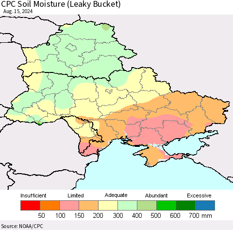 Ukraine, Moldova and Belarus CPC Soil Moisture (Leaky Bucket) Thematic Map For 8/11/2024 - 8/15/2024