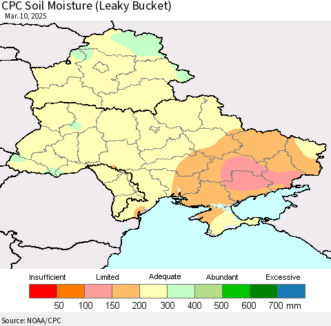 Ukraine, Moldova and Belarus CPC Soil Moisture (Leaky Bucket) Thematic Map For 3/6/2025 - 3/10/2025