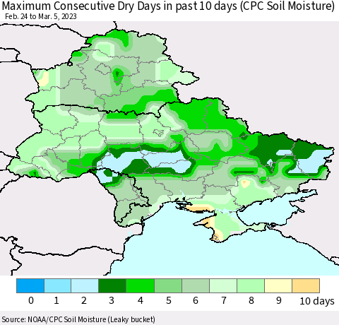 Ukraine, Moldova and Belarus Maximum Consecutive Dry Days in past 10 days (CPC Soil Moisture) Thematic Map For 3/1/2023 - 3/5/2023