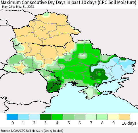 Ukraine, Moldova and Belarus Maximum Consecutive Dry Days in past 10 days (CPC Soil Moisture) Thematic Map For 5/26/2023 - 5/31/2023