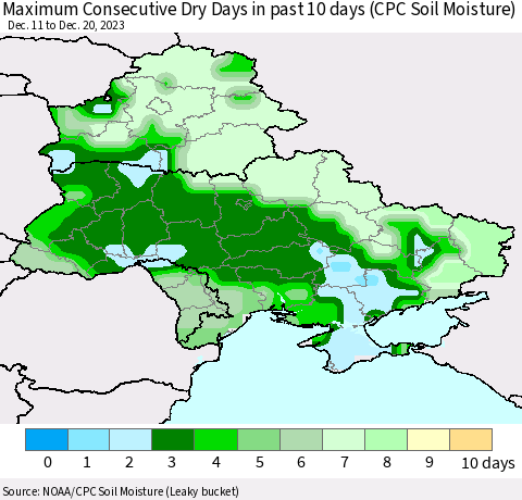 Ukraine, Moldova and Belarus Maximum Consecutive Dry Days in past 10 days (CPC Soil Moisture) Thematic Map For 12/16/2023 - 12/20/2023