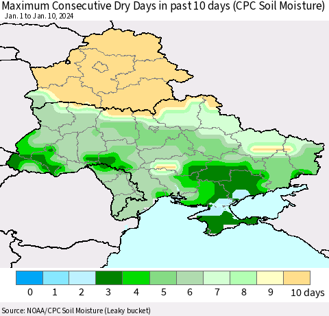 Ukraine, Moldova and Belarus Maximum Consecutive Dry Days in past 10 days (CPC Soil Moisture) Thematic Map For 1/6/2024 - 1/10/2024