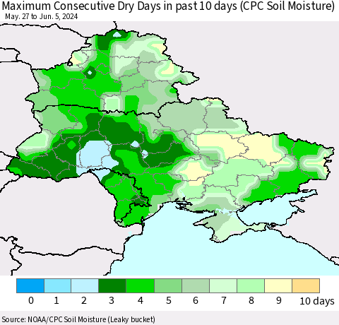 Ukraine, Moldova and Belarus Maximum Consecutive Dry Days in past 10 days (CPC Soil Moisture) Thematic Map For 6/1/2024 - 6/5/2024