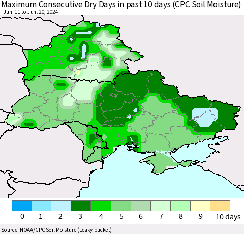 Ukraine, Moldova and Belarus Maximum Consecutive Dry Days in past 10 days (CPC Soil Moisture) Thematic Map For 6/16/2024 - 6/20/2024
