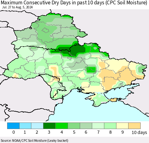 Ukraine, Moldova and Belarus Maximum Consecutive Dry Days in past 10 days (CPC Soil Moisture) Thematic Map For 8/1/2024 - 8/5/2024