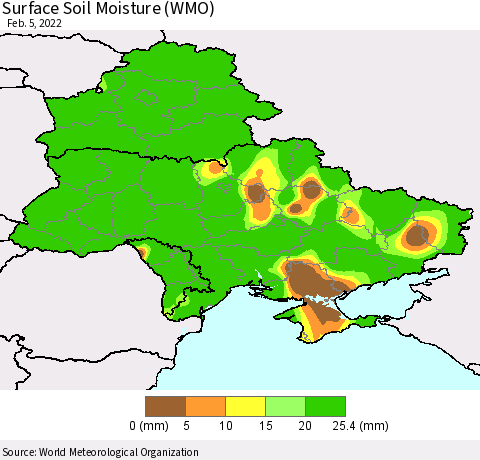 Ukraine, Moldova and Belarus Surface Soil Moisture (WMO) Thematic Map For 2/1/2022 - 2/5/2022
