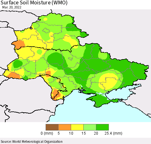 Ukraine, Moldova and Belarus Surface Soil Moisture (WMO) Thematic Map For 3/16/2022 - 3/20/2022