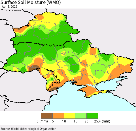 Ukraine, Moldova and Belarus Surface Soil Moisture (WMO) Thematic Map For 4/1/2022 - 4/5/2022