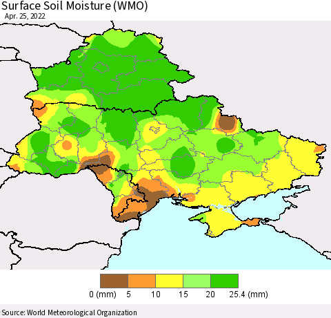 Ukraine, Moldova and Belarus Surface Soil Moisture (WMO) Thematic Map For 4/21/2022 - 4/25/2022