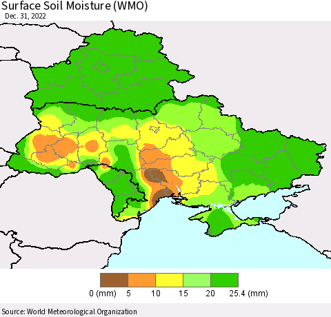 Ukraine, Moldova and Belarus Surface Soil Moisture (WMO) Thematic Map For 12/26/2022 - 12/31/2022
