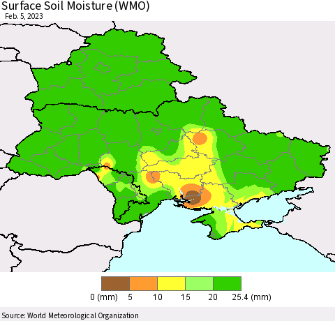 Ukraine, Moldova and Belarus Surface Soil Moisture (WMO) Thematic Map For 2/1/2023 - 2/5/2023