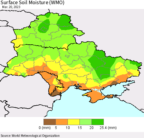 Ukraine, Moldova and Belarus Surface Soil Moisture (WMO) Thematic Map For 3/16/2023 - 3/20/2023