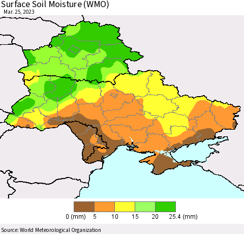Ukraine, Moldova and Belarus Surface Soil Moisture (WMO) Thematic Map For 3/21/2023 - 3/25/2023
