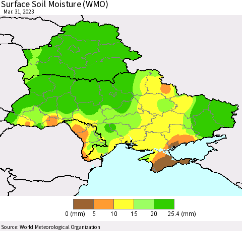 Ukraine, Moldova and Belarus Surface Soil Moisture (WMO) Thematic Map For 3/26/2023 - 3/31/2023