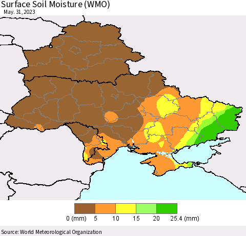 Ukraine, Moldova and Belarus Surface Soil Moisture (WMO) Thematic Map For 5/26/2023 - 5/31/2023