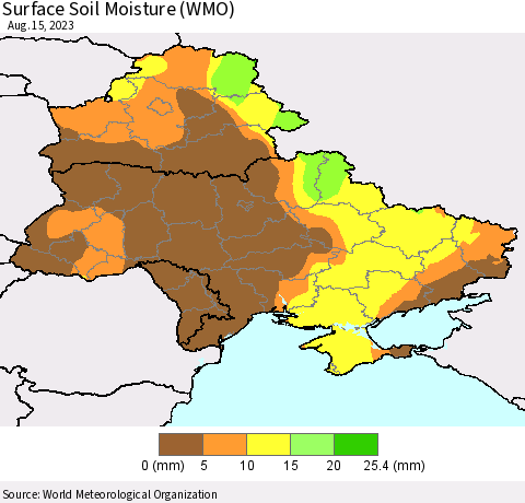 Ukraine, Moldova and Belarus Surface Soil Moisture (WMO) Thematic Map For 8/11/2023 - 8/15/2023