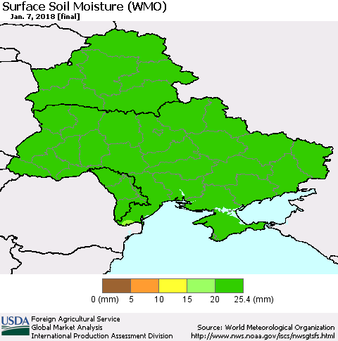 Ukraine, Moldova and Belarus Surface Soil Moisture (WMO) Thematic Map For 1/1/2018 - 1/7/2018