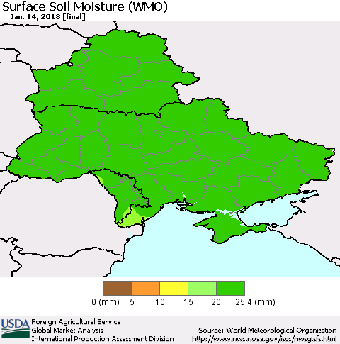Ukraine, Moldova and Belarus Surface Soil Moisture (WMO) Thematic Map For 1/8/2018 - 1/14/2018