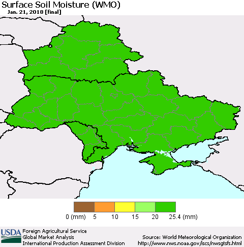 Ukraine, Moldova and Belarus Surface Soil Moisture (WMO) Thematic Map For 1/15/2018 - 1/21/2018