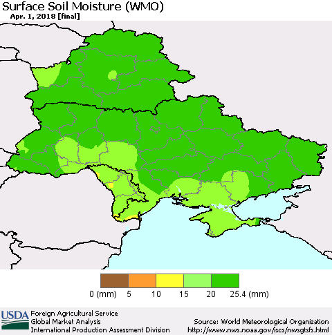 Ukraine, Moldova and Belarus Surface Soil Moisture (WMO) Thematic Map For 3/26/2018 - 4/1/2018