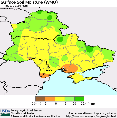 Ukraine, Moldova and Belarus Surface Soil Moisture (WMO) Thematic Map For 4/2/2018 - 4/8/2018