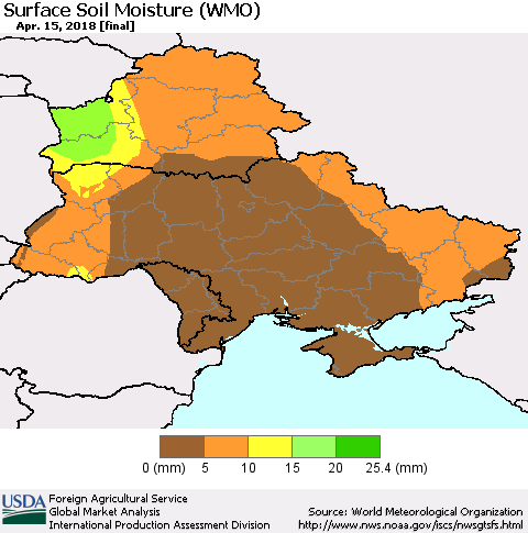 Ukraine, Moldova and Belarus Surface Soil Moisture (WMO) Thematic Map For 4/9/2018 - 4/15/2018