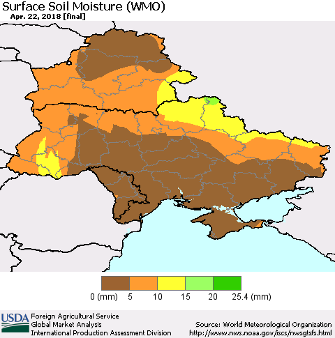 Ukraine, Moldova and Belarus Surface Soil Moisture (WMO) Thematic Map For 4/16/2018 - 4/22/2018