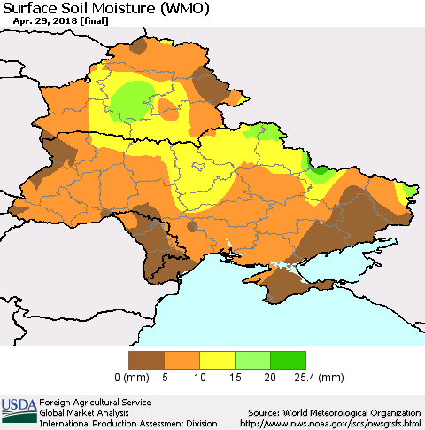 Ukraine, Moldova and Belarus Surface Soil Moisture (WMO) Thematic Map For 4/23/2018 - 4/29/2018