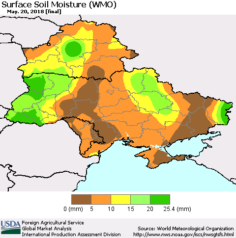 Ukraine, Moldova and Belarus Surface Soil Moisture (WMO) Thematic Map For 5/14/2018 - 5/20/2018