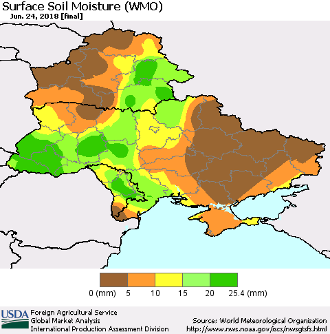 Ukraine, Moldova and Belarus Surface Soil Moisture (WMO) Thematic Map For 6/18/2018 - 6/24/2018