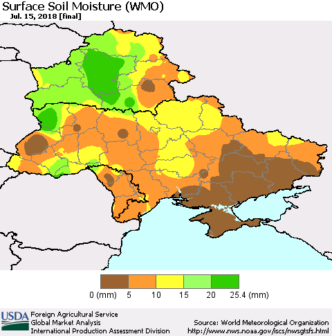 Ukraine, Moldova and Belarus Surface Soil Moisture (WMO) Thematic Map For 7/9/2018 - 7/15/2018