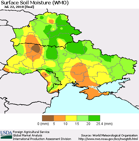 Ukraine, Moldova and Belarus Surface Soil Moisture (WMO) Thematic Map For 7/16/2018 - 7/22/2018