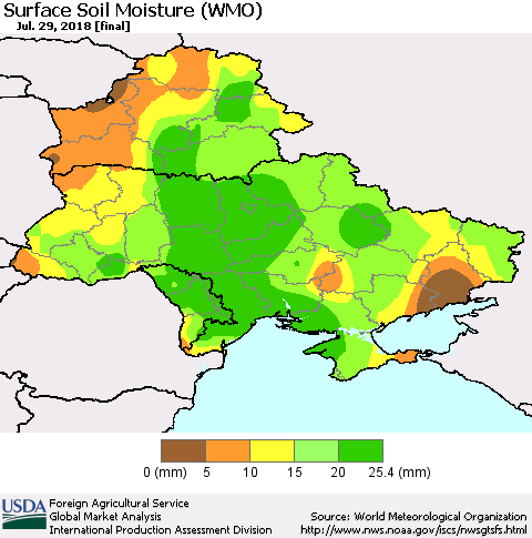 Ukraine, Moldova and Belarus Surface Soil Moisture (WMO) Thematic Map For 7/23/2018 - 7/29/2018
