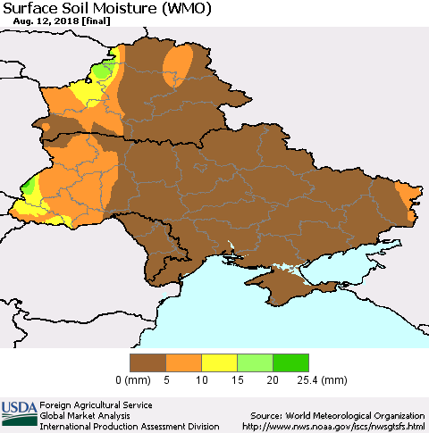 Ukraine, Moldova and Belarus Surface Soil Moisture (WMO) Thematic Map For 8/6/2018 - 8/12/2018