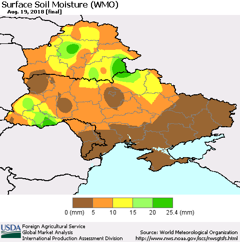 Ukraine, Moldova and Belarus Surface Soil Moisture (WMO) Thematic Map For 8/13/2018 - 8/19/2018