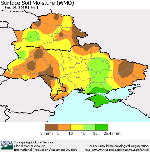 Ukraine, Moldova and Belarus Surface Soil Moisture (WMO) Thematic Map For 9/10/2018 - 9/16/2018
