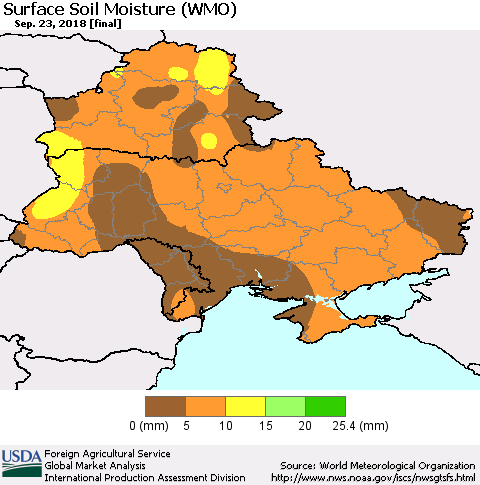 Ukraine, Moldova and Belarus Surface Soil Moisture (WMO) Thematic Map For 9/17/2018 - 9/23/2018
