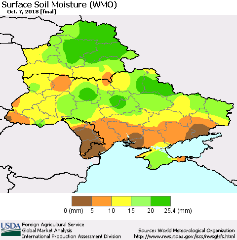 Ukraine, Moldova and Belarus Surface Soil Moisture (WMO) Thematic Map For 10/1/2018 - 10/7/2018